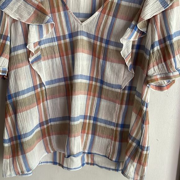 Madewell V Neck Shoulder Ruffle Top in Plaid - Picture 9 of 16